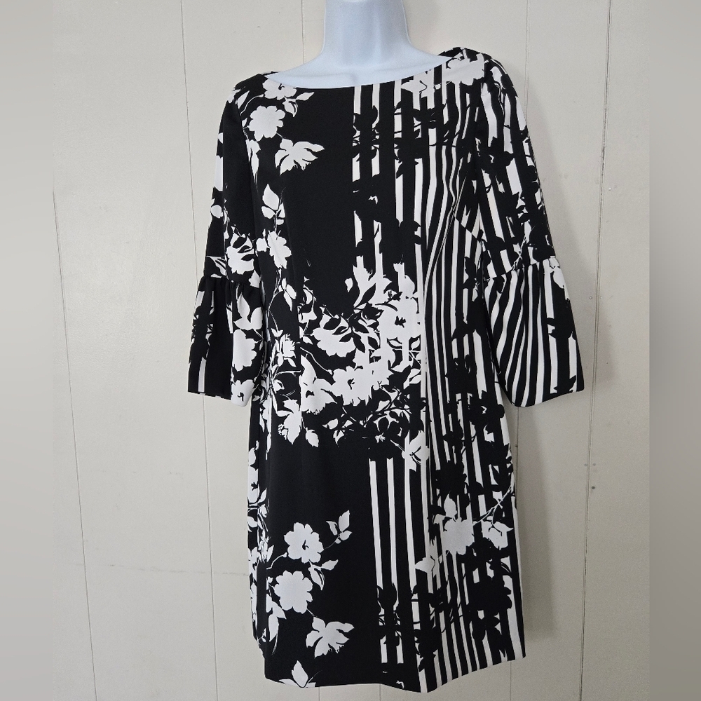 Black Halo Monochrome Floral Stripe Long Sleeve Dress- Size 4 -98% Polyamide